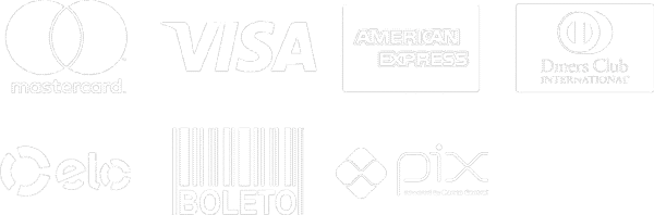 Mastercard, Visa, American Express, Diners Club, Elo, Boleto e Pix